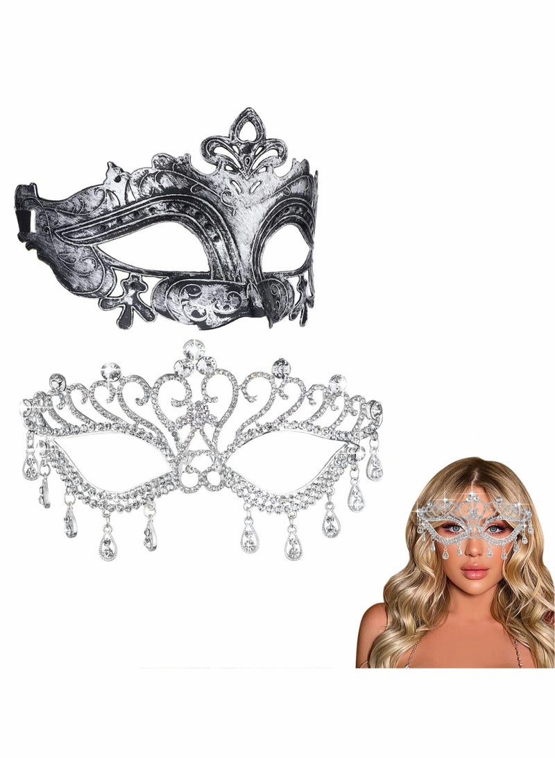 Excefore Masquerade Mask for Couples, 2pcs Crystal Venetian Party Decor Mardi Gras Masquerade Masks Set Costume Accessory - Image 1