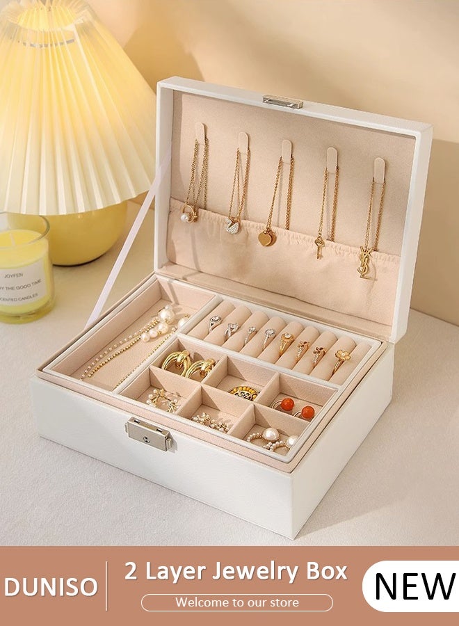 DUNISO صندوق مجوهرات للنساء، سعة كبيرة، منظم مجوهرات عرض بطبقتين مع صينية وقسم قابل للإزالة، علبة تخزين مجوهرات من جلد PU، خزانة سفر لحامل المجوهرات للأقراط، العقد، الأساور، الخواتم - Image 1