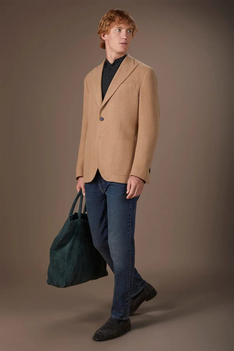 Men's single-breasted jacket in wool blend with herringbone pattern regular fit - Beige