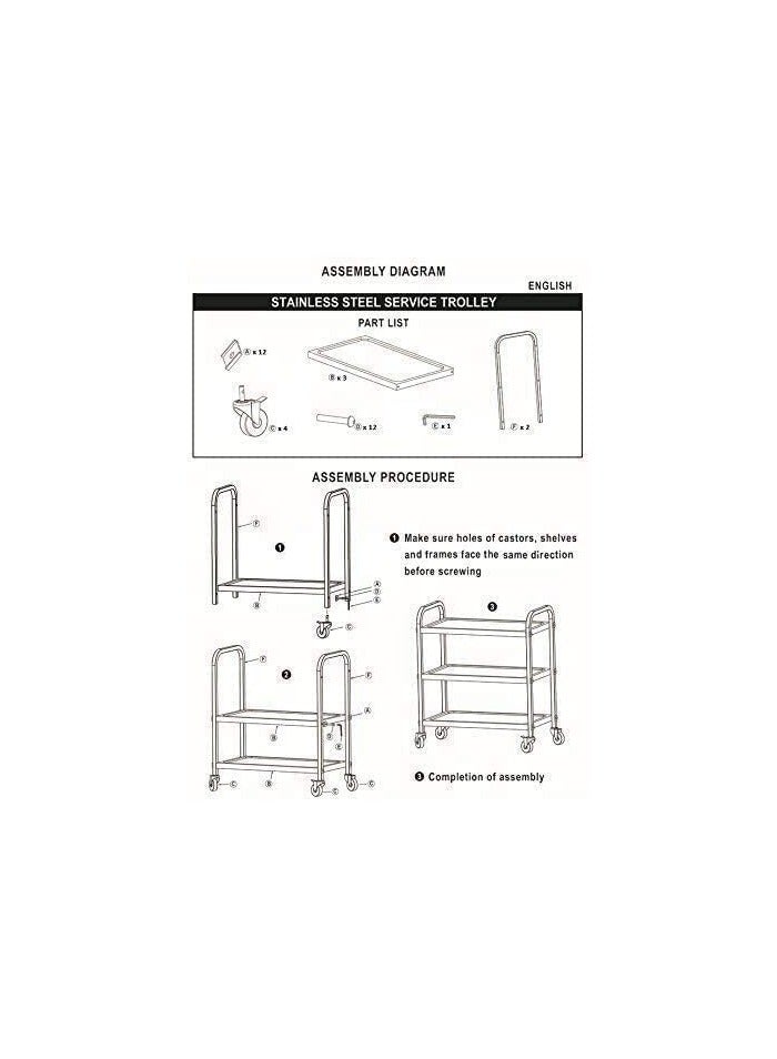 VINSTAR Stainless Steel Utility Cart, 3 Layers Medium Commercial Heavy Duty Serving Trolley, Kitchen Service Trolley with 360°Rotation Wheels (730 x 400 x 835) - Image 3