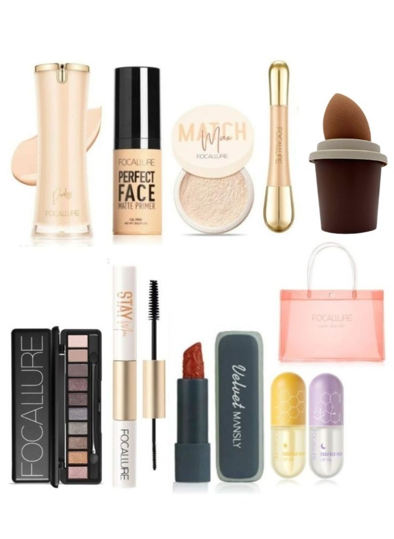 FOCALLURE Set of Liquid Foundation+Face Matte Primer+Setting Powder+Concealer Brush+10 Color Eyeshadow Palette+Mascara & Eyeliner 2 in 1+Natural Lip Oil+Mansly Lip Stick+Makeup Sponge+Tote Bag  - Image 1