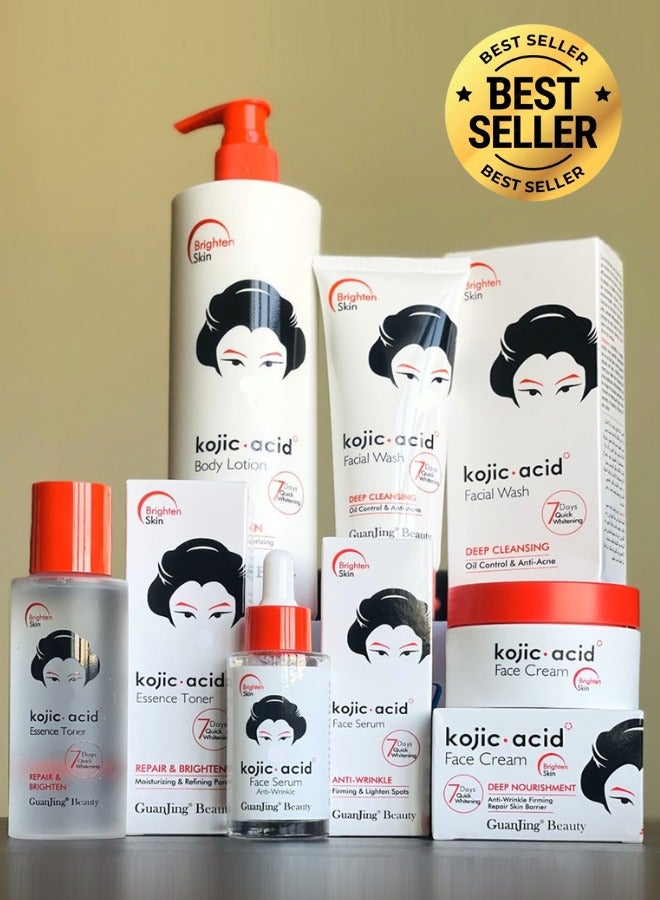 GuanJing Beauty Kojic Acid Skin Care Combo 5 in 1 Body Lotion Face Wash Toner Serum Cream Whitening Brightening Moisturizing for Dark Spots and Pigmentation, skin care gift set  - Image 1