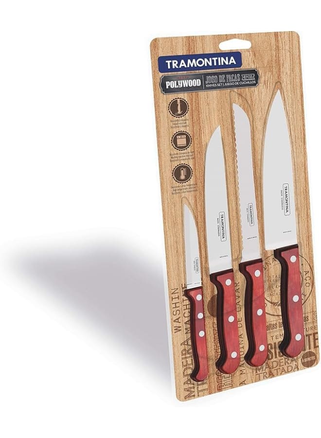 TRAMONTINA Tramontina Polywood 4 Pieces Knife Set with Stainless Steel Blade and Red Treated Wood Handle  - Image 3