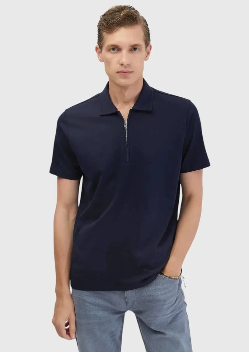 RAMSEY Navy Blue Jacquard Polo Neck 100% Cotton T-Shirt