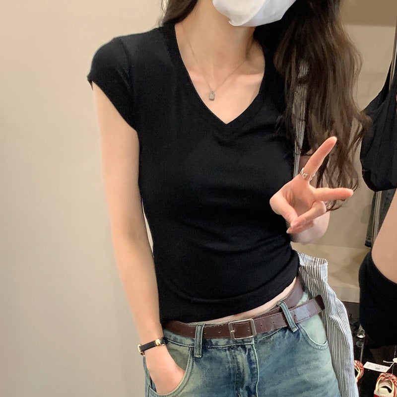 Real-S Korean-Style Casual Simple All-Match Slim-Fit Solid Color V-Neck Short-Sleeved T-Shirt Women'S Elastic Slim-Fit - Image 5