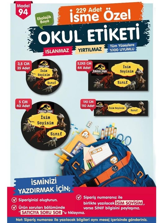Tuğset Label School Label Jurassic Park Pen Notebook Label Custom Name Printable Label Set - Name ETIKETI-T578-OE94