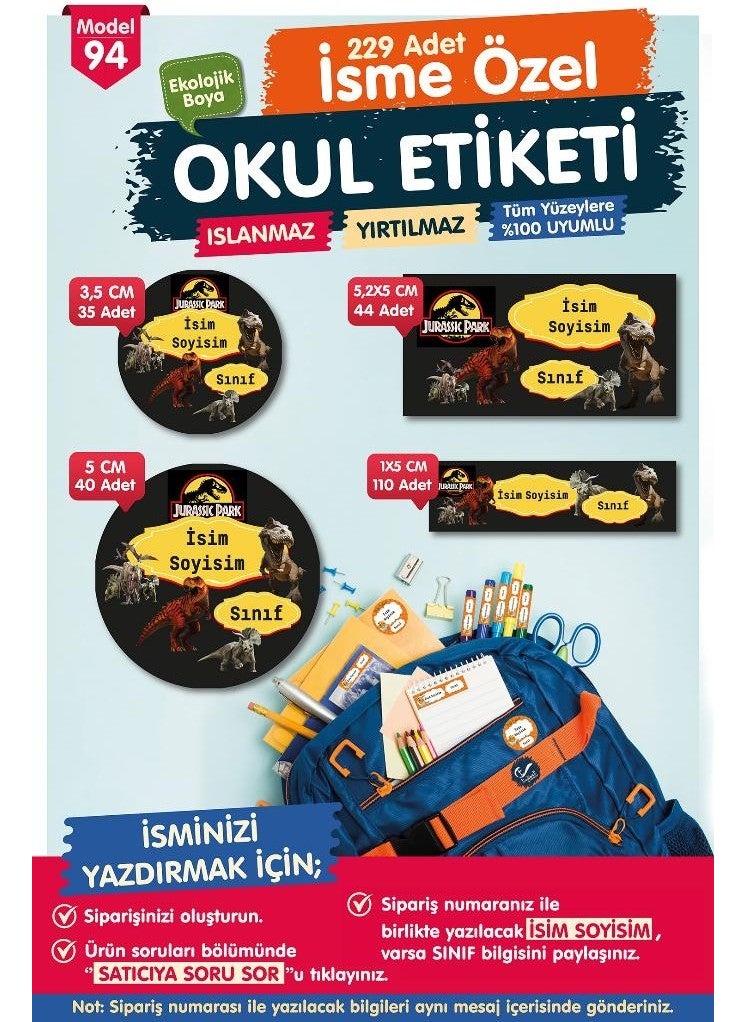 Tuğset Label School Label Jurassic Park Pen Notebook Label Custom Name Printable Label Set - Name ETIKETI-T578-OE94