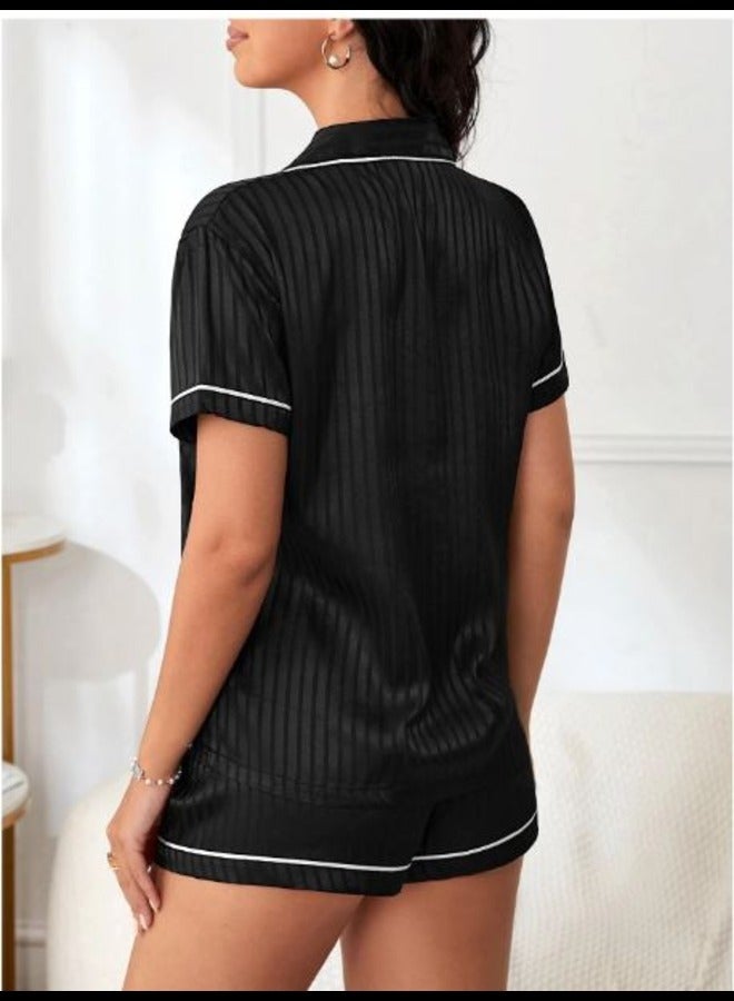 Striped Jacquard Contrast Piping Satin PJ Set