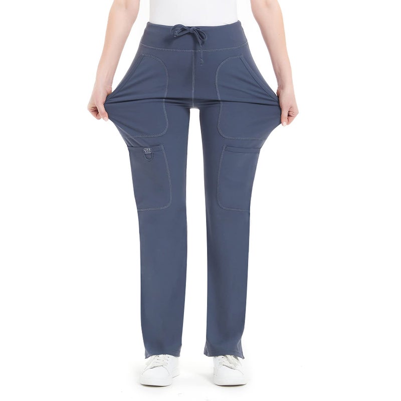 QBK Yoga Scrub Pants Women Mid Rise Yoga Work Pants- Five Pocket Cargo Scrub Pant (Medium, Bluish Grey) - Image 4