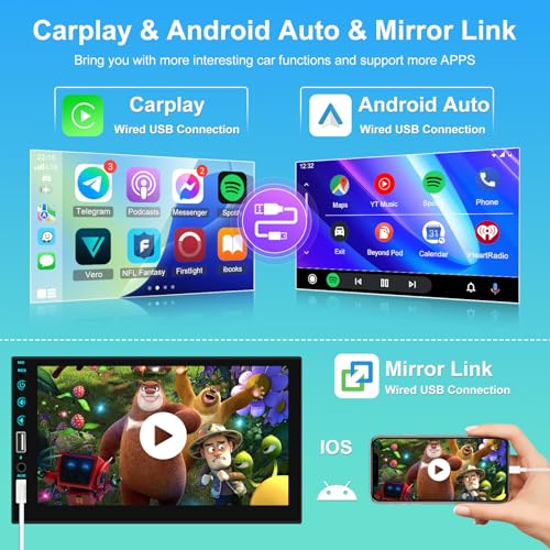 NHOPEEW 7 inch HD Single Din Touchscreen Car Stereo - Carplay and Android Auto, 1 Din Car Radio with Bluetooth, Mirror Link, FM Radio, Steering Wheel Control + Microphone - Image 3