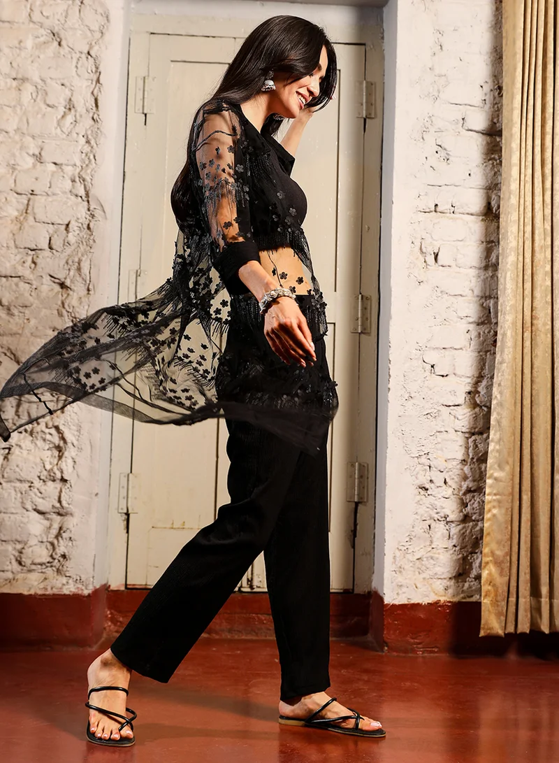QISSA Women's Midnight Black Applique Flora Co-Ord Set