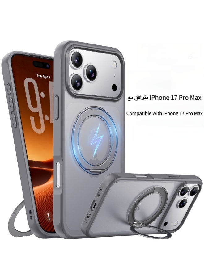 MagSafe Compatible iPhone 17 Pro Max Case Shockproof Protective Cover with 360° Rotating Stand Matte Anti-Yellowing Fingerprint Resistant for Apple iPhone 17 Pro Max (Gray) - Image 1