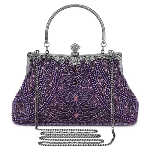 Selighting 1920s Vintage Beaded Clutch Evening Bags for Women Formal Bridal Wedding Clutch Purse Prom Cocktail Party Handbags Purple - Image 1