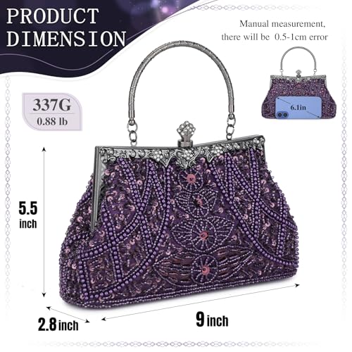 Selighting 1920s Vintage Beaded Clutch Evening Bags for Women Formal Bridal Wedding Clutch Purse Prom Cocktail Party Handbags Purple - Image 2