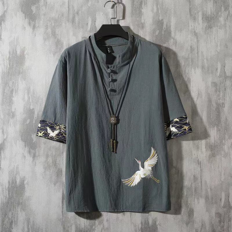 Linen Half Sleeve Men's Loose Chinese Style Crane Embroidered T-Shirt Cotton Linen plus size Fat Man Half Sleeve Summer Fashionable - Image 3