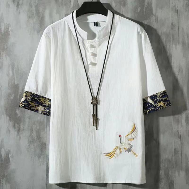Linen Half Sleeve Men's Loose Chinese Style Crane Embroidered T-Shirt Cotton Linen plus size Fat Man Half Sleeve Summer Fashionable - Image 5
