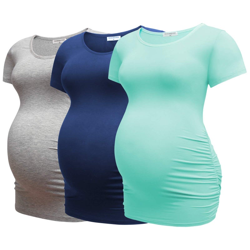Bearsland Womens Maternity Tshirt 3 Packs Classic Side Ruched Tee Top Mama Pregnancy Clothes,LightGray+Blue+mintgreen,S