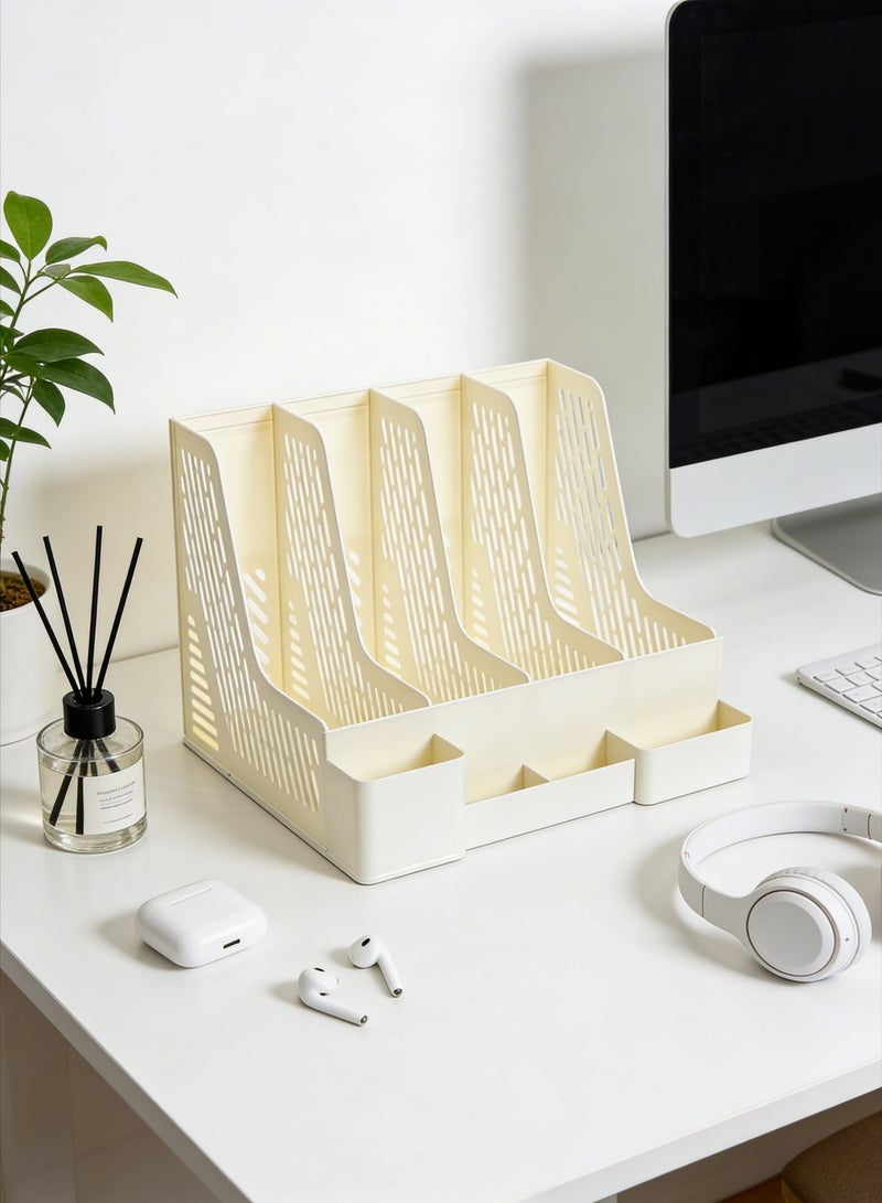 Desktop file organizer, magazine rack with pen holder, four vertical compartments, bookend, file holder for office, school, and home use. - Image 3
