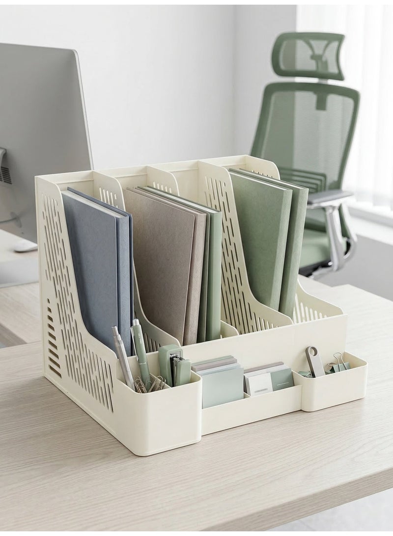 Desktop file organizer, magazine rack with pen holder, four vertical compartments, bookend, file holder for office, school, and home use. - Image 1