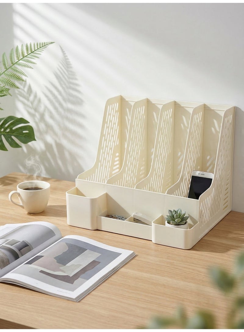 Desktop file organizer, magazine rack with pen holder, four vertical compartments, bookend, file holder for office, school, and home use. - Image 2