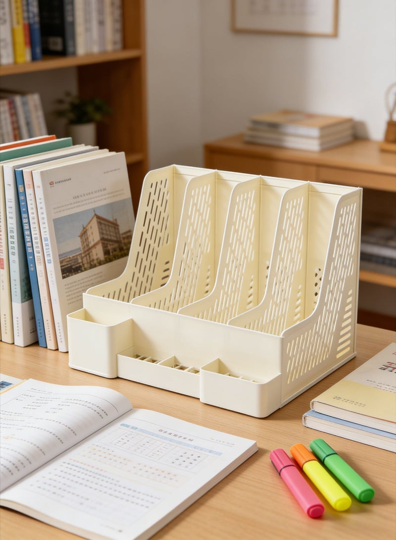 Desktop file organizer, magazine rack with pen holder, four vertical compartments, bookend, file holder for office, school, and home use. - Image 4