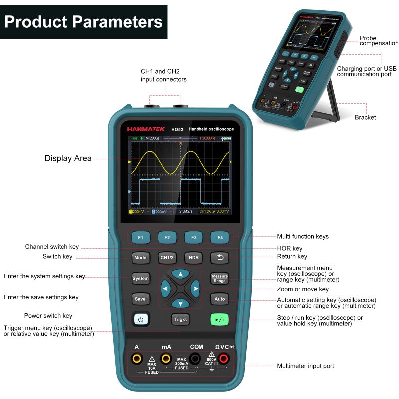 HANMATEK Handheld Digital Oscilloscope 50Mhz Bandwidth with 2 Channels HO52 3.5" TFT Mini Oscilloscope, 2 in 1 Oscilloscope and Multimeter, Backlit Screen, Auto-Calibration Function, Memory Function - Image 2