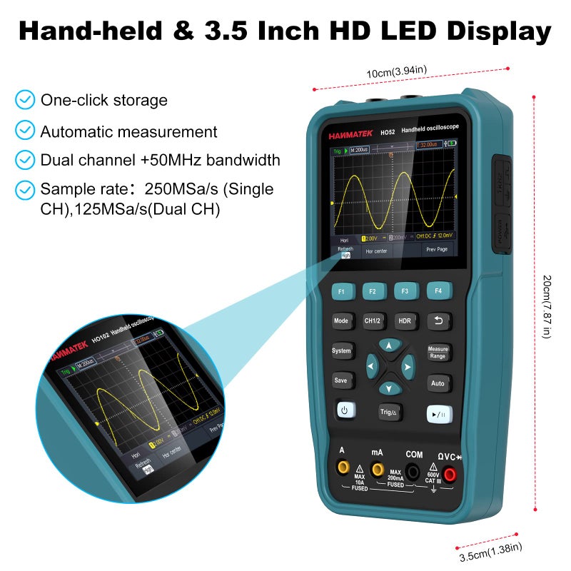 HANMATEK Handheld Digital Oscilloscope 50Mhz Bandwidth with 2 Channels HO52 3.5" TFT Mini Oscilloscope, 2 in 1 Oscilloscope and Multimeter, Backlit Screen, Auto-Calibration Function, Memory Function - Image 5