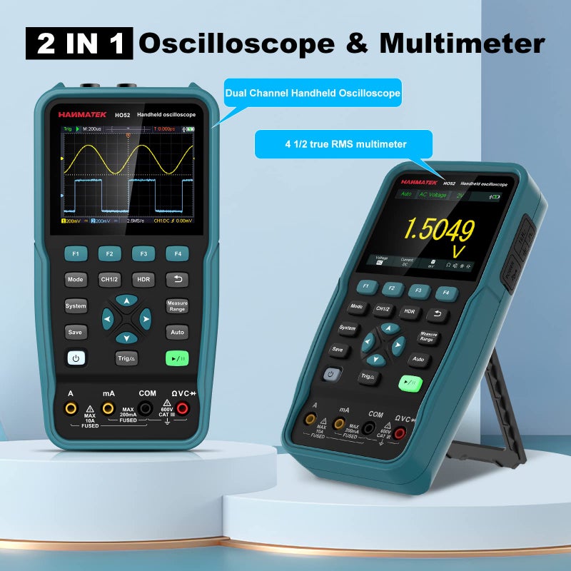 HANMATEK Handheld Digital Oscilloscope 50Mhz Bandwidth with 2 Channels HO52 3.5" TFT Mini Oscilloscope, 2 in 1 Oscilloscope and Multimeter, Backlit Screen, Auto-Calibration Function, Memory Function - Image 3