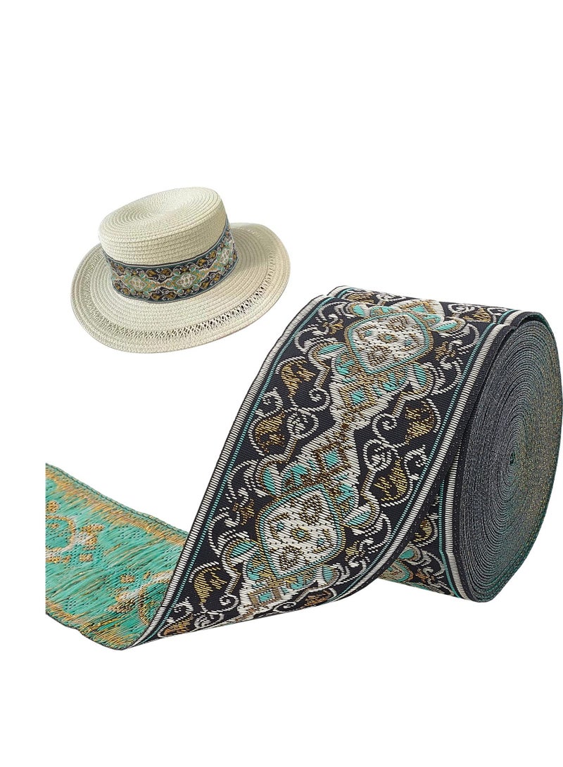 Diamond Flower Metallic Jacquard Ribbon, 2 Inch 7.7 Yard Geometric Black Green Polyester Boho Jacquard Ribbons, Tapestry Fringe Trim Embroidery, for DIY Clothes Pillow Straps, Cloth Home Decor - Image 1