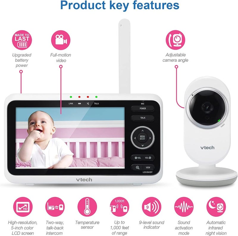 VTech VM350 Video Monitor with Battery Supports 12-hr Video-Mode, 21-hr Audio-Mode, 5" Screen, 1000ft Long Range, Bright Night Vision, 2-Way Talk, Auto-on Screen, Lullabies - Image 2