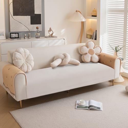 HOKIPO Premium Dutch Velvet Sofa Cover Mat with Frill for 1/2/3 Seater and L Shape Sofa. Make Your Own Sofa Cover Set, Mat Length 90(D) x 90(L) cm, Caramel Beige (AR-5734-BGE) - Image 1