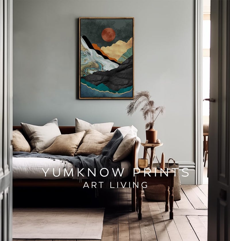 YUMKNOW Framed Canvas Wall Art for Bedroom - Large Oversize 24x36 Ready to Hang Living Room - Modern Boho Neutral Room Decor - Emerald Textured Earthy Tone Mountain Forest Moon Sun - Trees Abstract Nature - Image 3