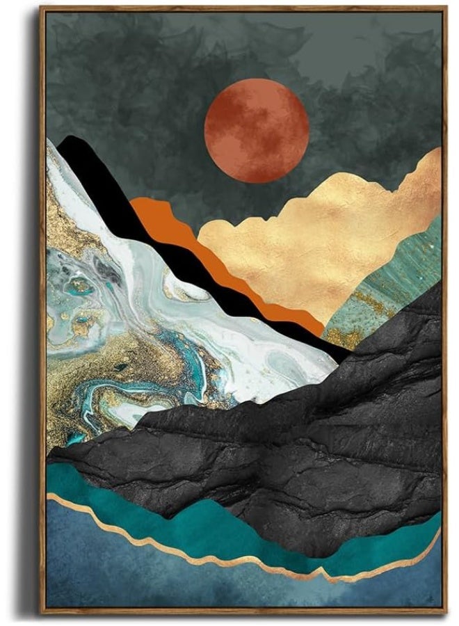 YUMKNOW Framed Canvas Wall Art for Bedroom - Large Oversize 24x36 Ready to Hang Living Room - Modern Boho Neutral Room Decor - Emerald Textured Earthy Tone Mountain Forest Moon Sun - Trees Abstract Nature - Image 1