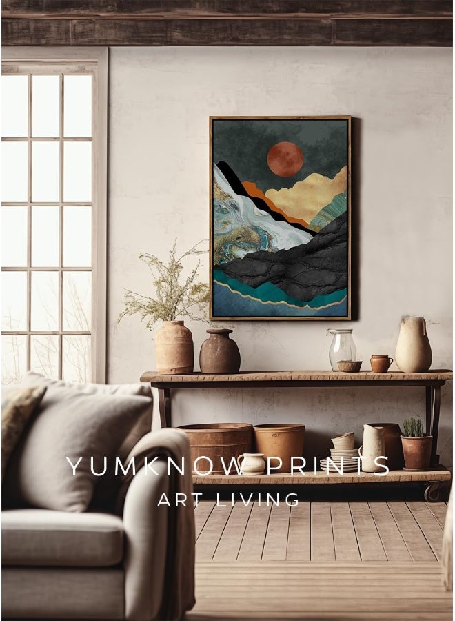 YUMKNOW Framed Canvas Wall Art for Bedroom - Large Oversize 24x36 Ready to Hang Living Room - Modern Boho Neutral Room Decor - Emerald Textured Earthy Tone Mountain Forest Moon Sun - Trees Abstract Nature - Image 5