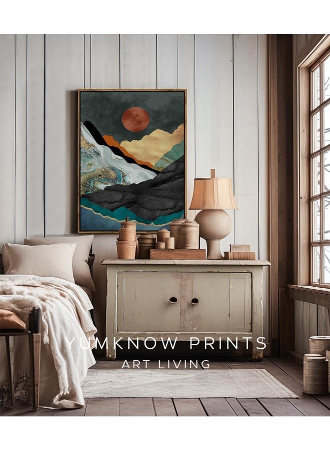 YUMKNOW Framed Canvas Wall Art for Bedroom - Large Oversize 24x36 Ready to Hang Living Room - Modern Boho Neutral Room Decor - Emerald Textured Earthy Tone Mountain Forest Moon Sun - Trees Abstract Nature - Image 4