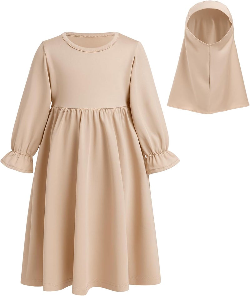 Baby Girls Muslim Abaya Prayer Dress with Hijab - 2 Piece Set, Champagne, 6-12 Months - Image 2