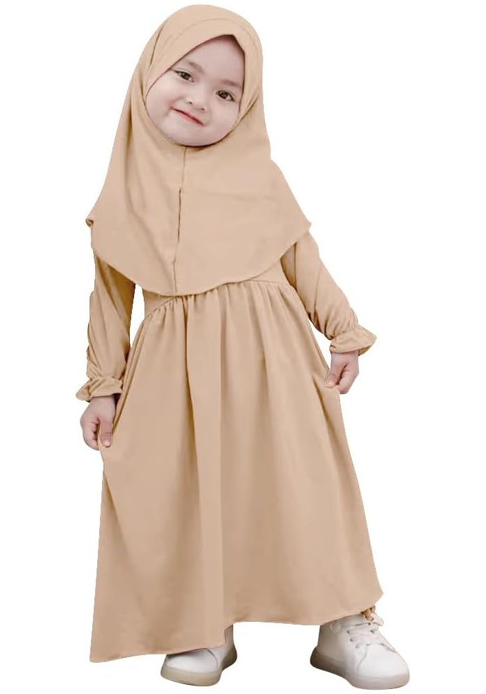 Baby Girls Muslim Abaya Prayer Dress with Hijab - 2 Piece Set, Champagne, 6-12 Months - Image 1