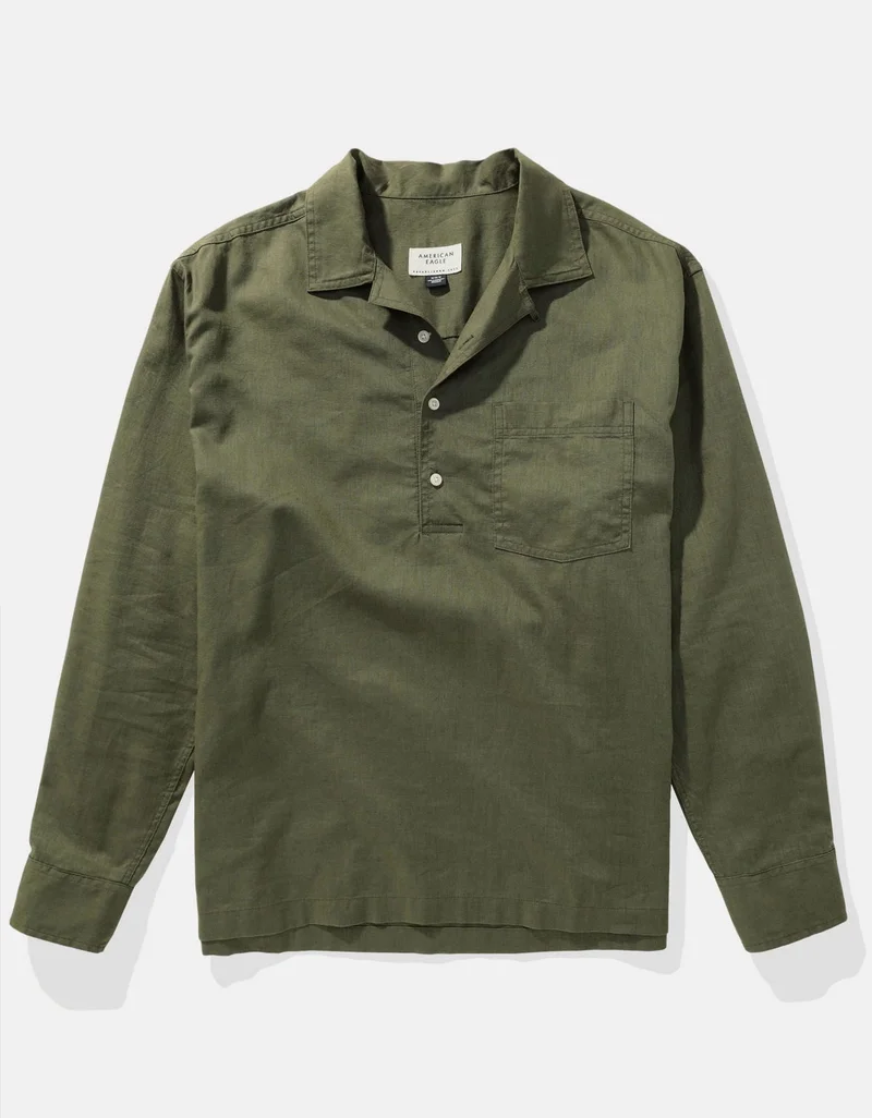 American Eagle AE Long-Sleeve Linen-Blend Popover Shirt