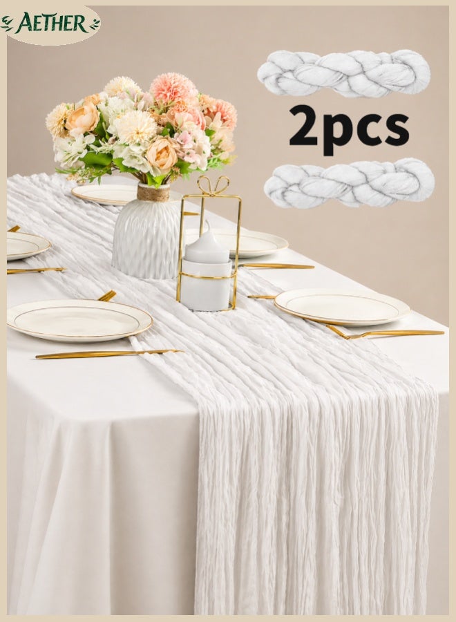AETHER 2pcs 90*300CM Table Runners, Boho Gauze Table Runner, Translucent Table Runner Chessian Tablecloth for Wedding Reception Bridal Shower Party Decoration Table Centerpiece (White) - Image 1