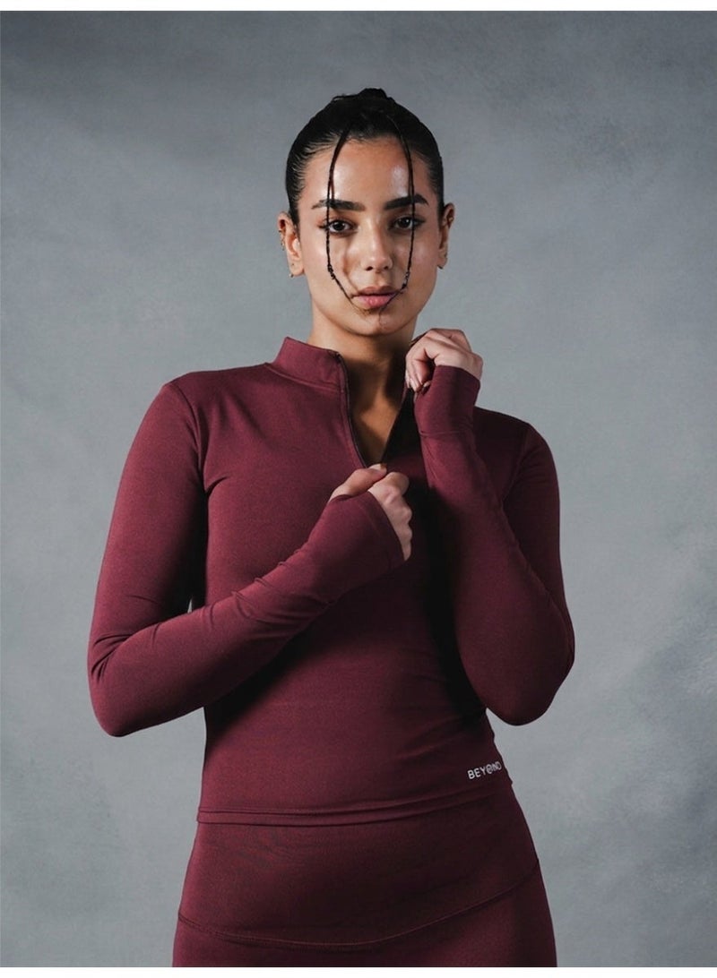 Beyond Sportswear Women's Burgundy 1/4 Zip Long sleeve top - Image 1