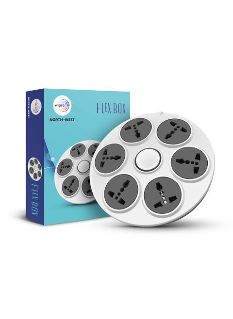 Wipro North West UFO 61 Flex Box with 6 Universal Socket Single Switch 2 meter long Extension Cord Ultra smooth Rotation Round Powerstrip for Home Office Pack of 1 Grey White