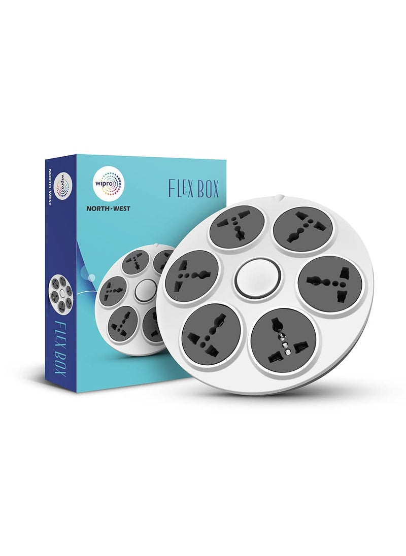 WIPRO Wipro North West UFO 61 Flex Box with 6 Universal Socket Single Switch 2 meter long Extension Cord Ultra smooth Rotation Round Powerstrip for Home Office Pack of 1 Grey White  - Image 1