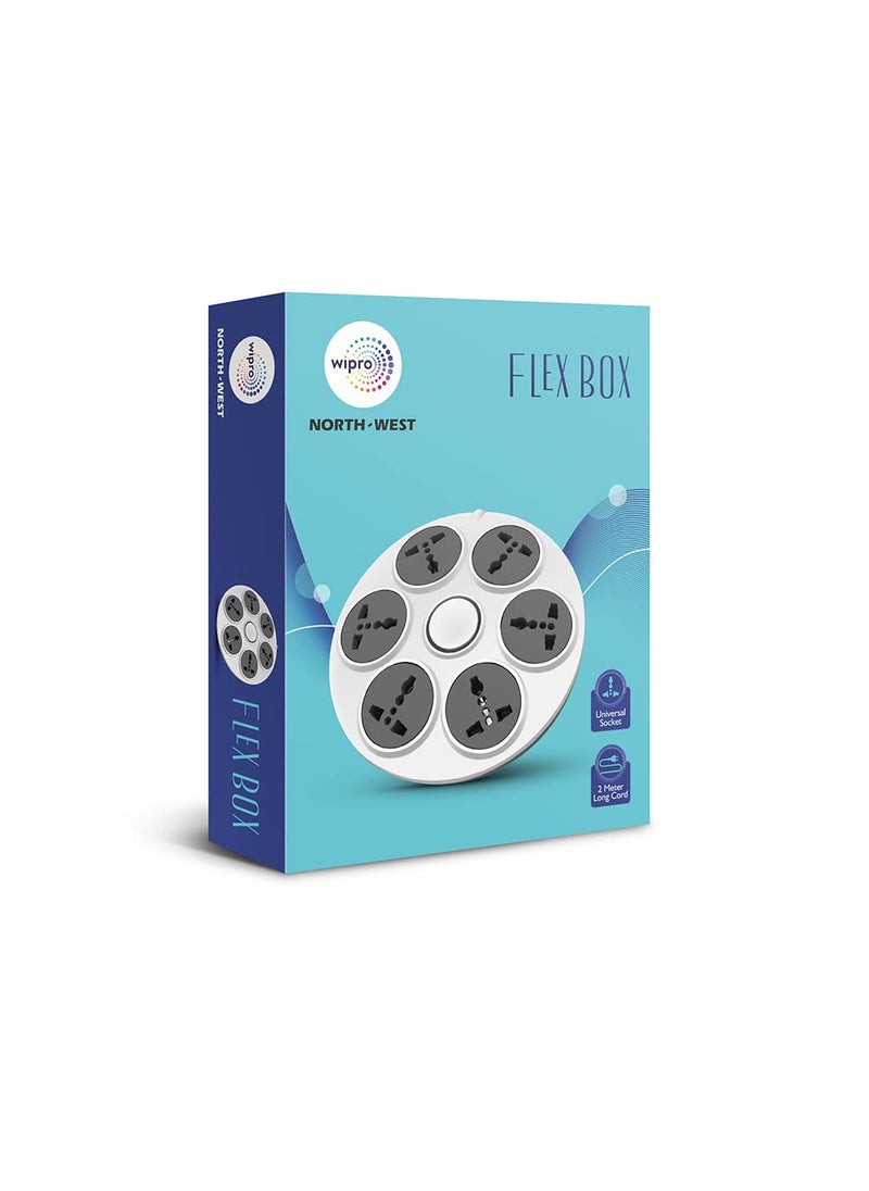 WIPRO Wipro North West UFO 61 Flex Box with 6 Universal Socket Single Switch 2 meter long Extension Cord Ultra smooth Rotation Round Powerstrip for Home Office Pack of 1 Grey White  - Image 3