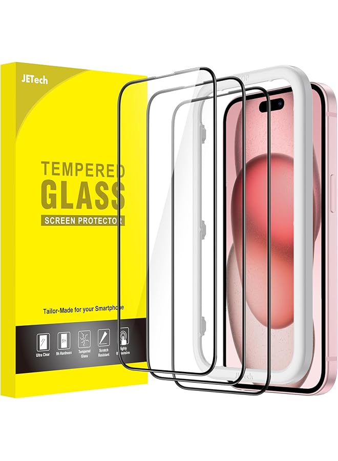 جي تيك واقي شاشة بتغطية كاملة لهاتف آيفون 15 مقاس 6.1 بوصة بحافة سوداء من الزجاج المقوى مع أداة تثبيت سهلة، عبوة من 3 قطع شفافة عالية الدقة - Image 1