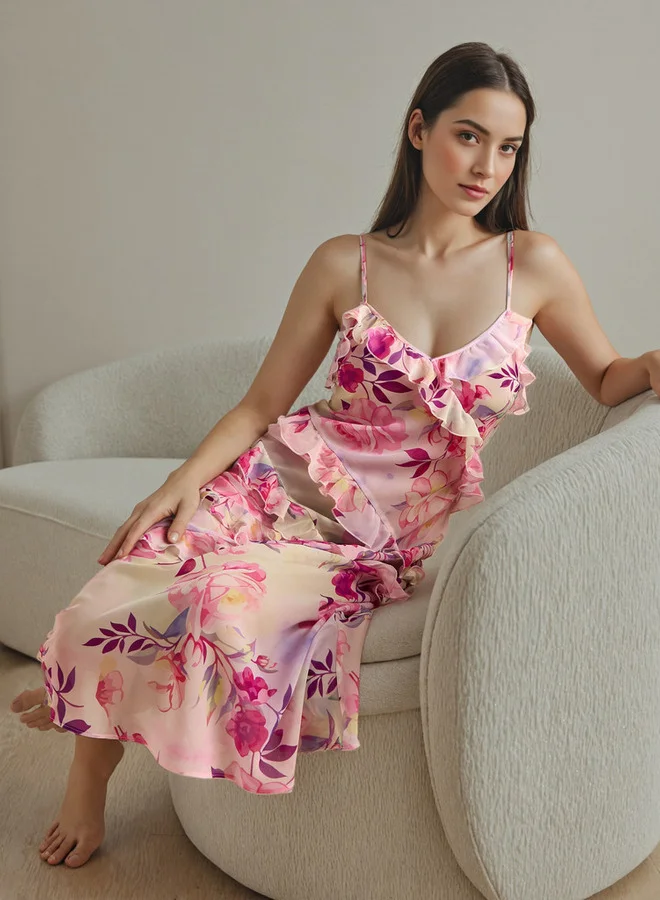 Splash FAV Floral Print V-neck Slip Dress with Ruffles