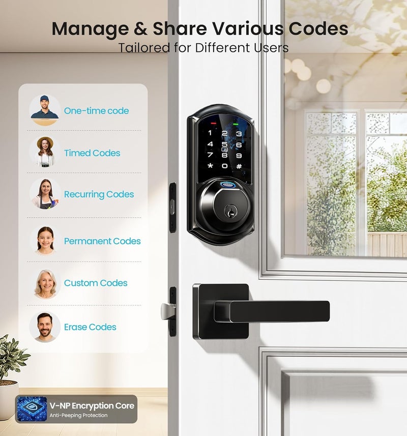 Veise VE07-L Fingerprint Smart Locks for Front Door with Zinc Alloy Handle Set, App Control, Keyless Entry, Electronic Digital Keypad Deadbolt, Auto Lock, Waterproof, Easy to Install, Matte Black - Image 4