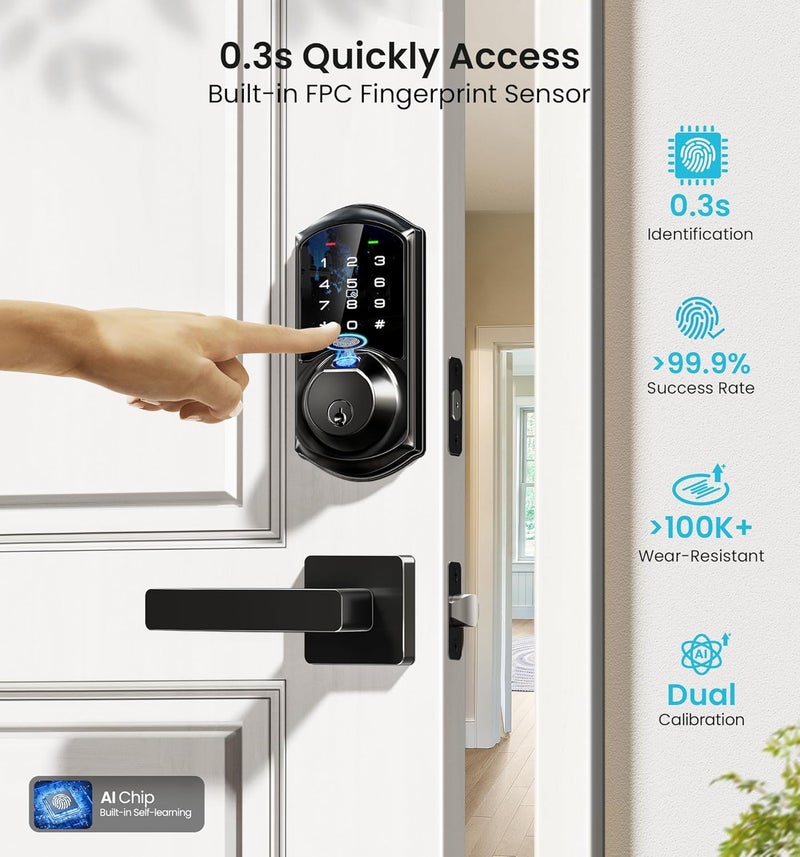 Veise VE07-L Fingerprint Smart Locks for Front Door with Zinc Alloy Handle Set, App Control, Keyless Entry, Electronic Digital Keypad Deadbolt, Auto Lock, Waterproof, Easy to Install, Matte Black - Image 3