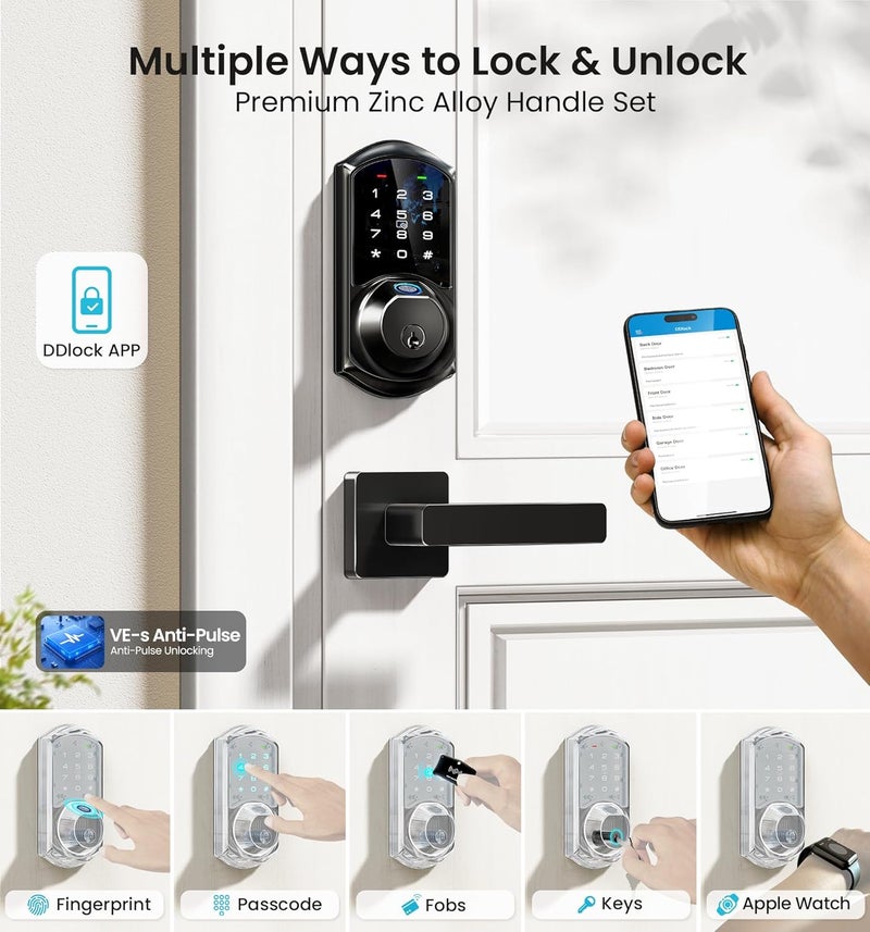 Veise VE07-L Fingerprint Smart Locks for Front Door with Zinc Alloy Handle Set, App Control, Keyless Entry, Electronic Digital Keypad Deadbolt, Auto Lock, Waterproof, Easy to Install, Matte Black - Image 2