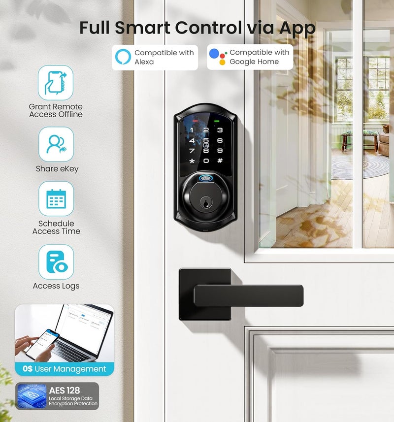 Veise VE07-L Fingerprint Smart Locks for Front Door with Zinc Alloy Handle Set, App Control, Keyless Entry, Electronic Digital Keypad Deadbolt, Auto Lock, Waterproof, Easy to Install, Matte Black - Image 5