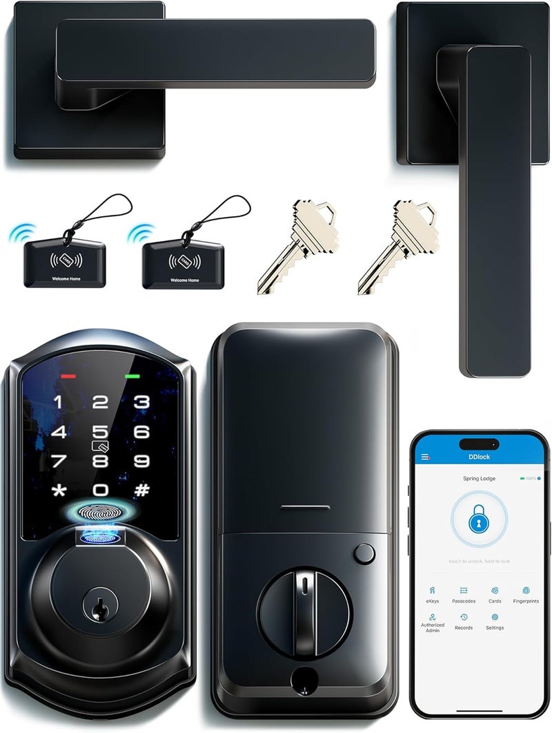 Veise VE07-L Fingerprint Smart Locks for Front Door with Zinc Alloy Handle Set, App Control, Keyless Entry, Electronic Digital Keypad Deadbolt, Auto Lock, Waterproof, Easy to Install, Matte Black - Image 1